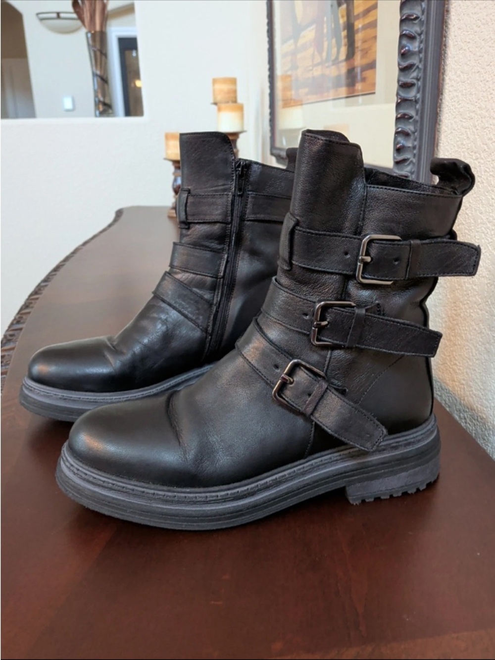 Women’s edgy leather Black boots Buckle Moto Ankle - Picture 2 of 7